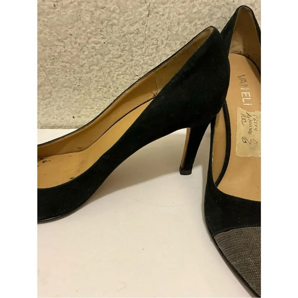 Vaneli Black Suede Pointed Toe Pumps with Metallic Cap Toe 7.5M